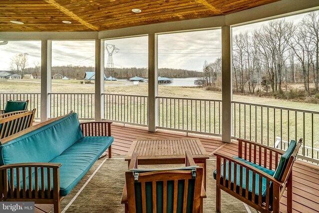 310 Elk Creek Lndg, Mineral, VA 23117 - sunroom with an outdoor hangout area, wood ceiling, a water view, and recessed lighting