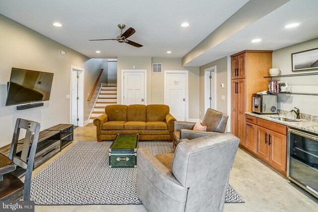 310 Elk Creek Lndg, Mineral, VA 23117 - living area featuring beverage cooler, stairway, recessed lighting, and a ceiling fan