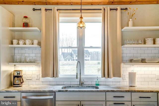 310 Elk Creek Lndg, Mineral, VA 23117 - kitchen with open shelves, dishwasher, a sink, and decorative backsplash