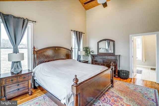 310 Elk Creek Lndg, Mineral, VA 23117 - bedroom with high vaulted ceiling, wood finished floors, beamed ceiling, connected bathroom, and wooden ceiling