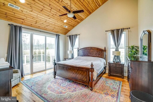 310 Elk Creek Lndg, Mineral, VA 23117 - bedroom with access to outside, wooden ceiling, high vaulted ceiling, light wood-style floors, and recessed lighting