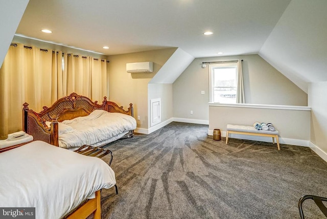 310 Elk Creek Lndg, Mineral, VA 23117 - bedroom with a wall mounted AC, carpet, vaulted ceiling, baseboards, and recessed lighting