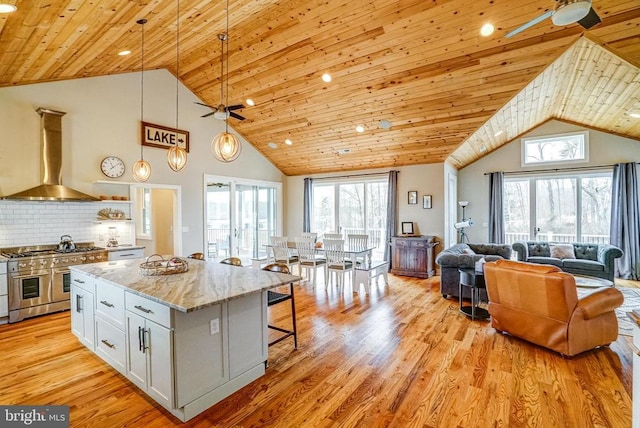 310 Elk Creek Lndg, Mineral, VA 23117 - kitchen with ceiling fan, double oven range, range hood, wood ceiling, and open floor plan