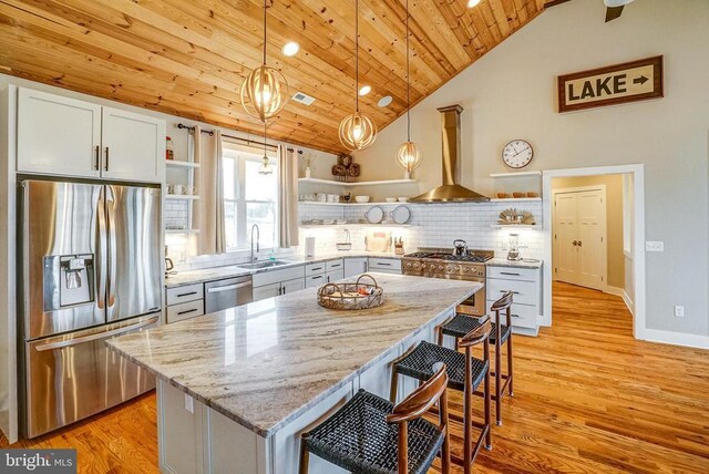 310 Elk Creek Lndg, Mineral, VA 23117 - kitchen featuring open shelves, appliances with stainless steel finishes, wall chimney exhaust hood, wooden ceiling, and a sink