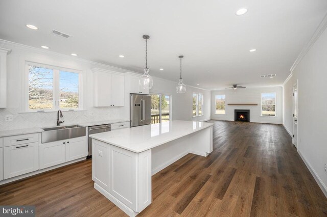  - kitchen with appliances with stainless steel finishes, a sink, a center island, ornamental molding, and plenty of natural light
