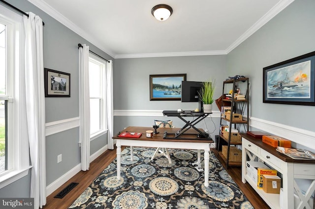 - office area featuring dark wood-type flooring, crown molding, and baseboards