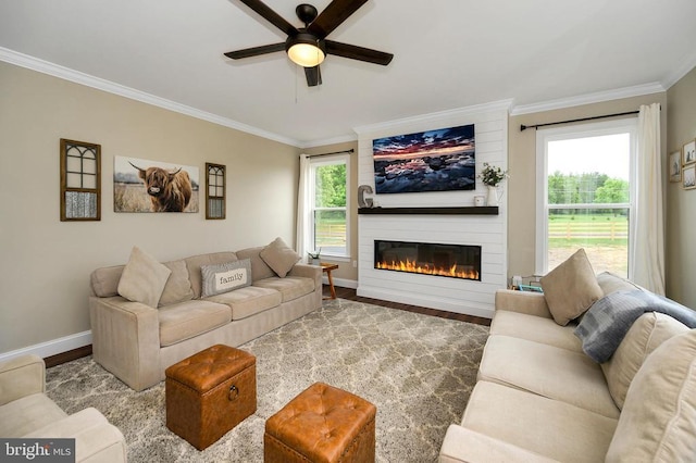 - living room featuring ornamental molding, baseboards, wood finished floors, a ceiling fan, and a large fireplace