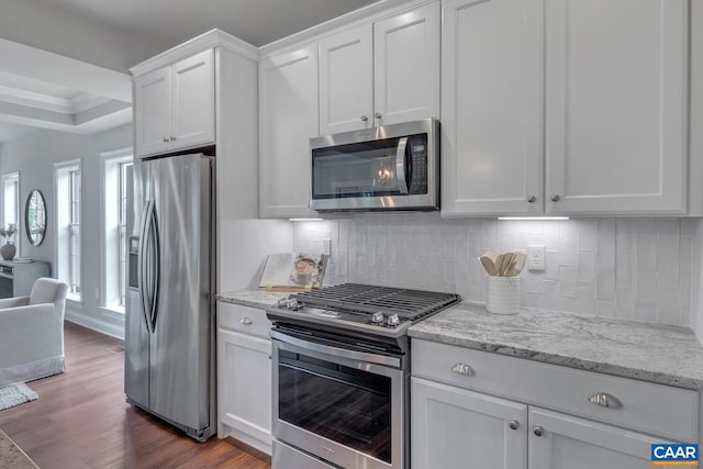 kitchen featuring stainless steel appliances, white cabinetry, dark wood-type flooring, tasteful backsplash, and light stone counters