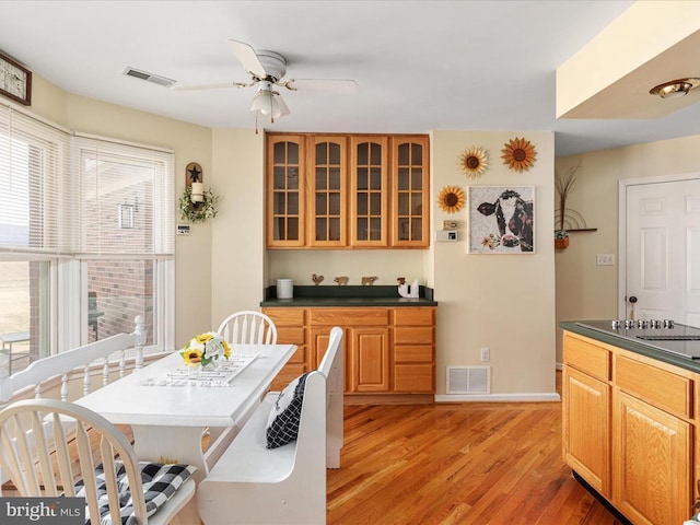 237 Preston Ln, Luray, VA 22835 - kitchen with dark countertops, light wood finished floors, glass insert cabinets, and ceiling fan