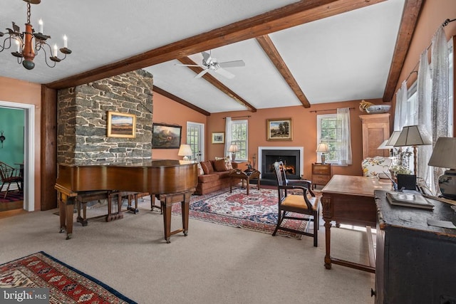  - living area featuring carpet, a fireplace, a chandelier, and a ceiling fan