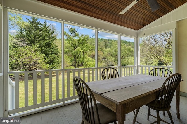 - sunroom / solarium with ceiling fan, lofted ceiling, and outdoor dining area