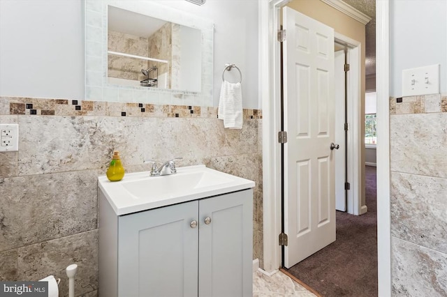 3200 Lafayette Blvd, Fredericksburg, VA 22408 - bathroom with vanity, tile walls, a shower, ornamental molding, and a wainscoted wall
