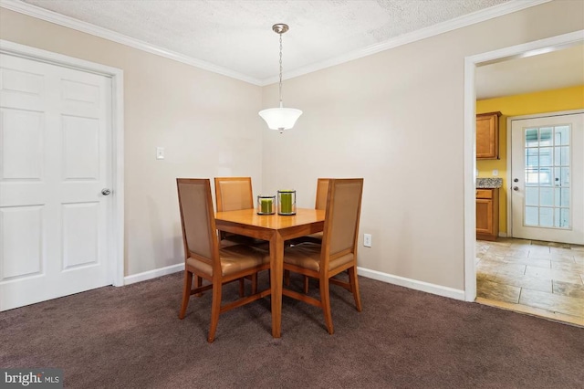 3200 Lafayette Blvd, Fredericksburg, VA 22408 - dining space featuring dark colored carpet, crown molding, and a textured ceiling