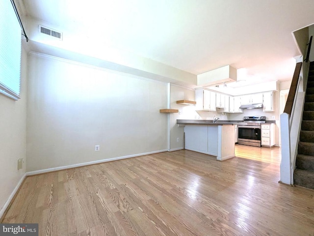 2104 Jefferson Park Ave Unit D, Charlottesville, VA 22903 - kitchen with stainless steel electric range, a peninsula, light wood-style flooring, open floor plan, and dark countertops