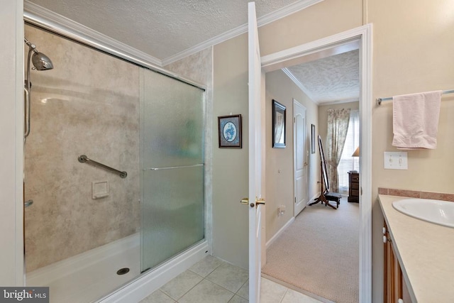 731 Bluewater Blvd S, Mineral, VA 23117 - bathroom with an enclosed shower, tile patterned flooring, crown molding, and a textured ceiling