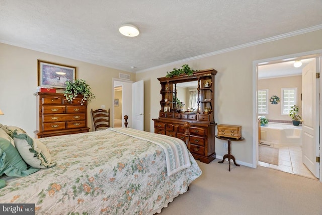 731 Bluewater Blvd S, Mineral, VA 23117 - bedroom featuring a textured ceiling, visible vents, crown molding, carpet floors, and connected bathroom