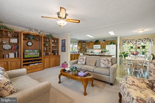 731 Bluewater Blvd S, Mineral, VA 23117 - living room with a textured ceiling, light carpet, a ceiling fan, and ornamental molding