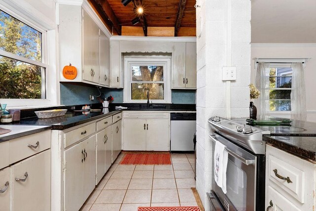 kitchen with light tile patterned flooring, sink, white cabinetry, wood ceiling, and appliances with stainless steel finishes