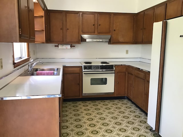 kitchen featuring a sink, white appliances, open shelves, ventilation hood, and light countertops
