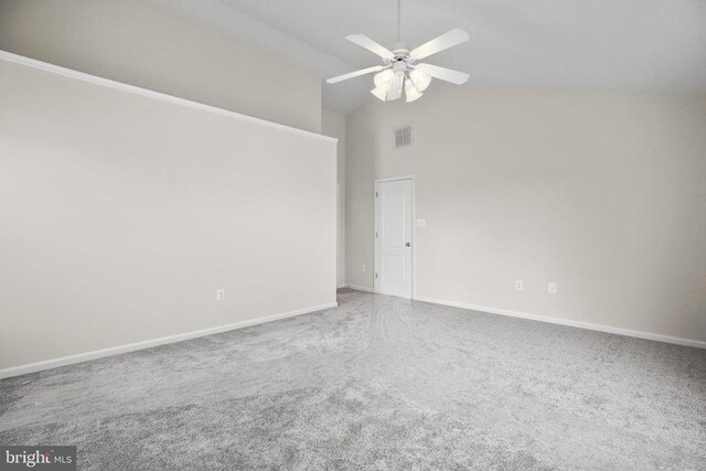 11218 Glen Park Dr, Fredericksburg, VA 22407 - carpeted empty room featuring high vaulted ceiling, ceiling fan, and baseboards
