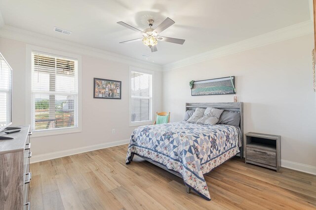 237 Ridgeline Dr, Waynesboro, VA 22980 - bedroom featuring light wood finished floors, baseboards, crown molding, and a ceiling fan