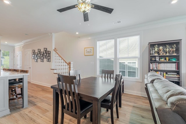 237 Ridgeline Dr, Waynesboro, VA 22980 - dining space with ornamental molding, ceiling fan, light wood-style flooring, recessed lighting, and baseboards