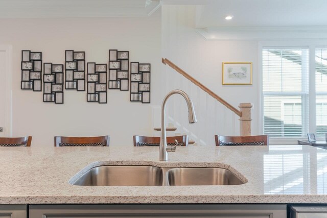 237 Ridgeline Dr, Waynesboro, VA 22980 - kitchen with a sink, light stone countertops, crown molding, stainless steel dishwasher, and recessed lighting