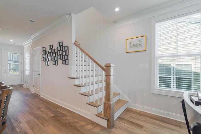 237 Ridgeline Dr, Waynesboro, VA 22980 - staircase with ornamental molding, wood finished floors, baseboards, and recessed lighting