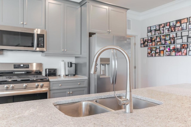 237 Ridgeline Dr, Waynesboro, VA 22980 - kitchen featuring stainless steel appliances, gray cabinets, ornamental molding, light stone counters, and a sink