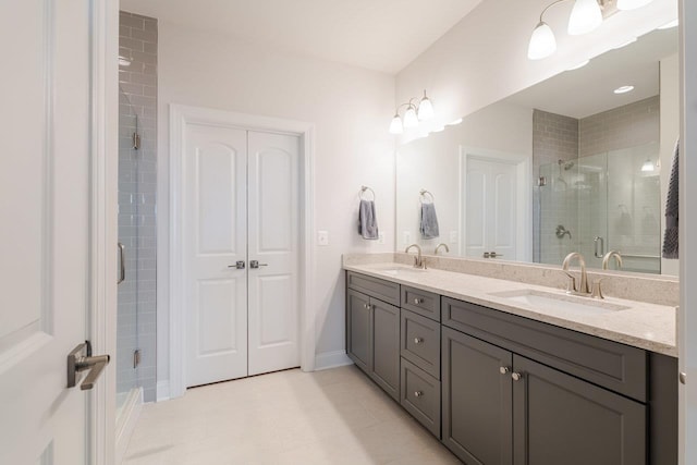 237 Ridgeline Dr, Waynesboro, VA 22980 - bathroom with double vanity, a stall shower, tile patterned flooring, and baseboards