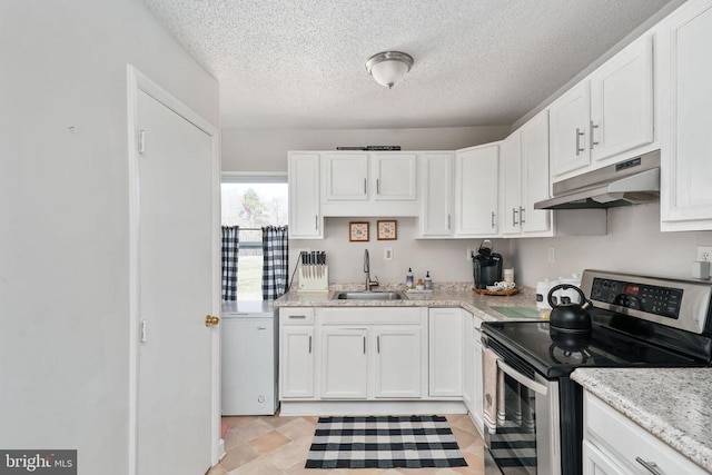 3321 Summit Crossing Rd, Fredericksburg, VA 22408 - kitchen featuring stainless steel range with electric cooktop, under cabinet range hood, white cabinetry, and a textured ceiling