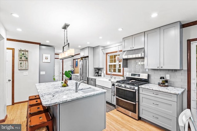 11311 Crown Ct, Fredericksburg, VA 22407 - kitchen with appliances with stainless steel finishes, gray cabinetry, under cabinet range hood, light wood-type flooring, and an island with sink