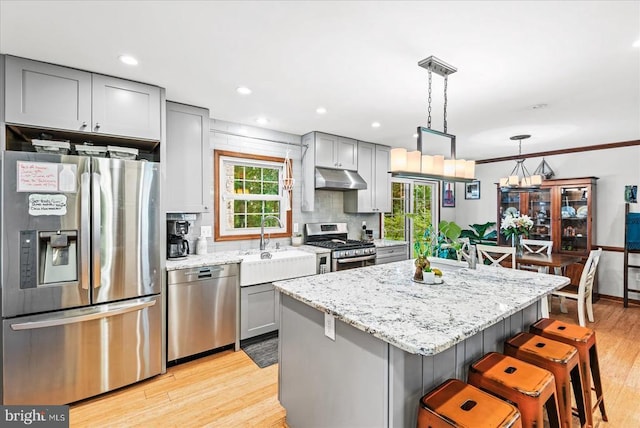 11311 Crown Ct, Fredericksburg, VA 22407 - kitchen featuring stainless steel appliances, gray cabinets, under cabinet range hood, a kitchen island, and light wood-style floors