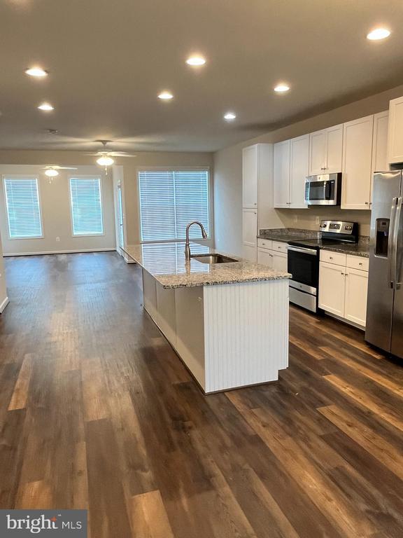 12107 Bowling Farm Ct, Fredericksburg, VA 22407 - kitchen with stainless steel appliances, recessed lighting, light stone counters, dark wood finished floors, and white cabinetry