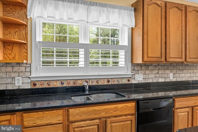 34194 Enchanted Way, Locust Grove, VA 22508 - kitchen featuring black dishwasher, open shelves, a sink, and tasteful backsplash