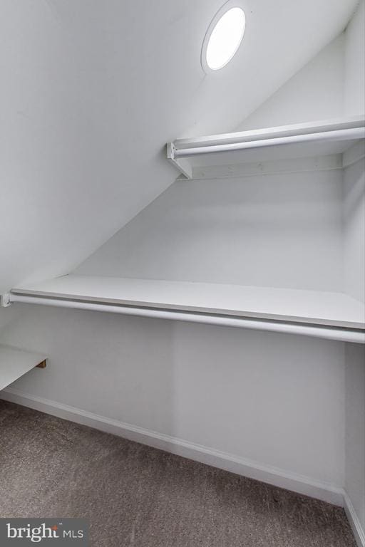  - walk in closet with vaulted ceiling and carpet flooring