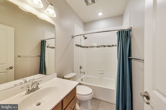  - full bath featuring vanity, shower / bathtub combination with curtain, and tile patterned floors