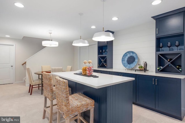 10628 Afton Grove Ct, Fredericksburg, VA 22408 - bar featuring light carpet, recessed lighting, hanging light fixtures, baseboards, and stairs
