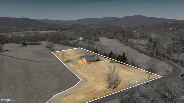 bird's eye view featuring a rural view and a mountain view