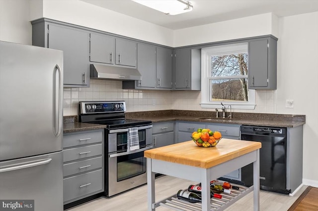 kitchen with under cabinet range hood, gray cabinets, and stainless steel appliances