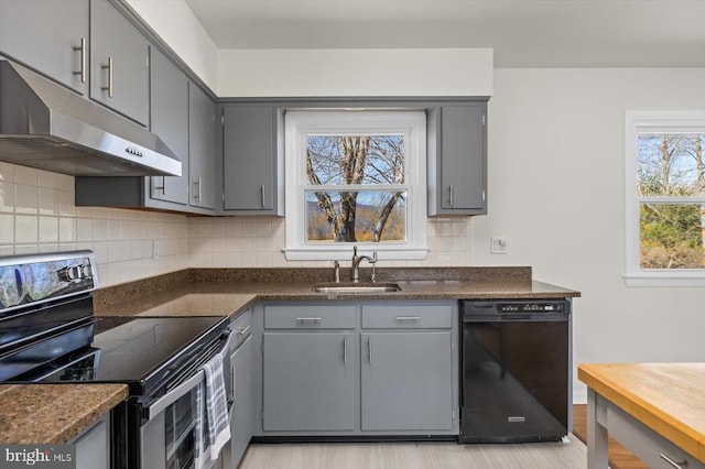 kitchen with stainless steel electric range oven, black dishwasher, under cabinet range hood, and gray cabinetry