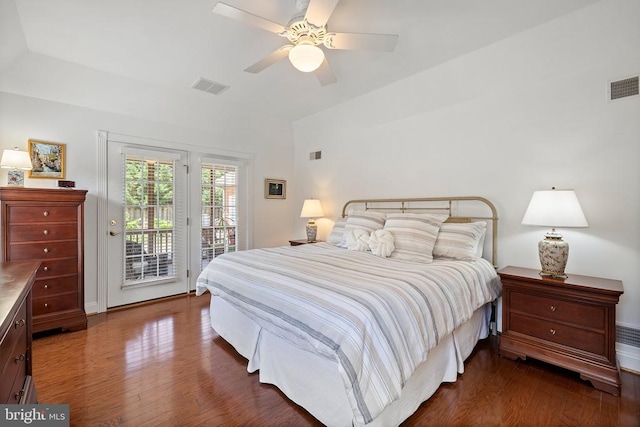230 Carriage Chase Cir, Warrenton, VA 20186 - bedroom with access to outside, dark wood-style floors, lofted ceiling, and ceiling fan