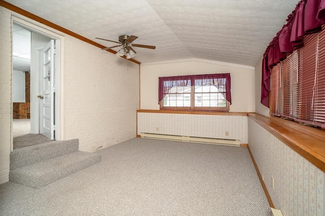 404 3rd St, Grottoes, VA 24441 - carpeted empty room with baseboard heating, vaulted ceiling, ornamental molding, a ceiling fan, and wainscoting