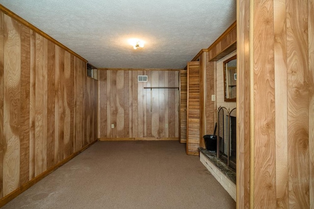 404 3rd St, Grottoes, VA 24441 - unfurnished living room featuring a textured ceiling, wood walls, carpet flooring, and baseboards