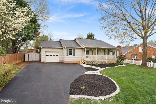 295 Jackson St, Warrenton, VA 20186 - ranch-style home featuring a porch, an attached garage, asphalt driveway, a storage shed, and crawl space