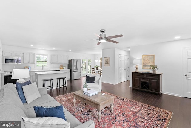 295 Jackson St, Warrenton, VA 20186 - living room featuring recessed lighting, a ceiling fan, dark wood finished floors, plenty of natural light, and baseboards