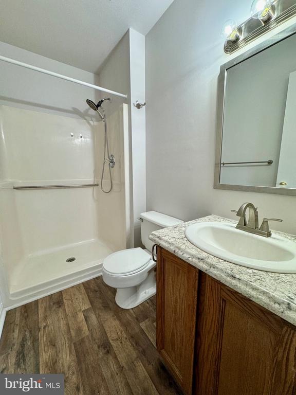 bathroom with wood finished floors, vanity, a shower, and toilet
