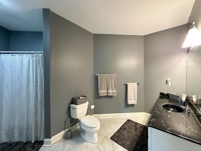 603 Dabneys Rd, Raphine, VA 24472 - bathroom featuring toilet, a shower with shower curtain, baseboards, marble finish floor, and vanity