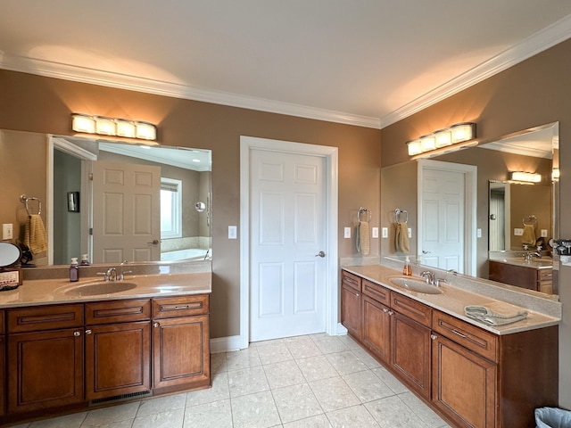 603 Dabneys Rd, Raphine, VA 24472 - full bathroom with a garden tub, a sink, two vanities, tile patterned flooring, and ornamental molding