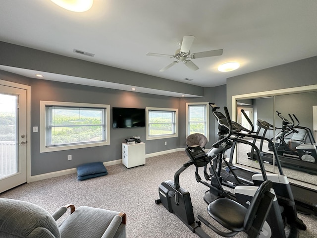 603 Dabneys Rd, Raphine, VA 24472 - exercise area with carpet, visible vents, baseboards, and ceiling fan